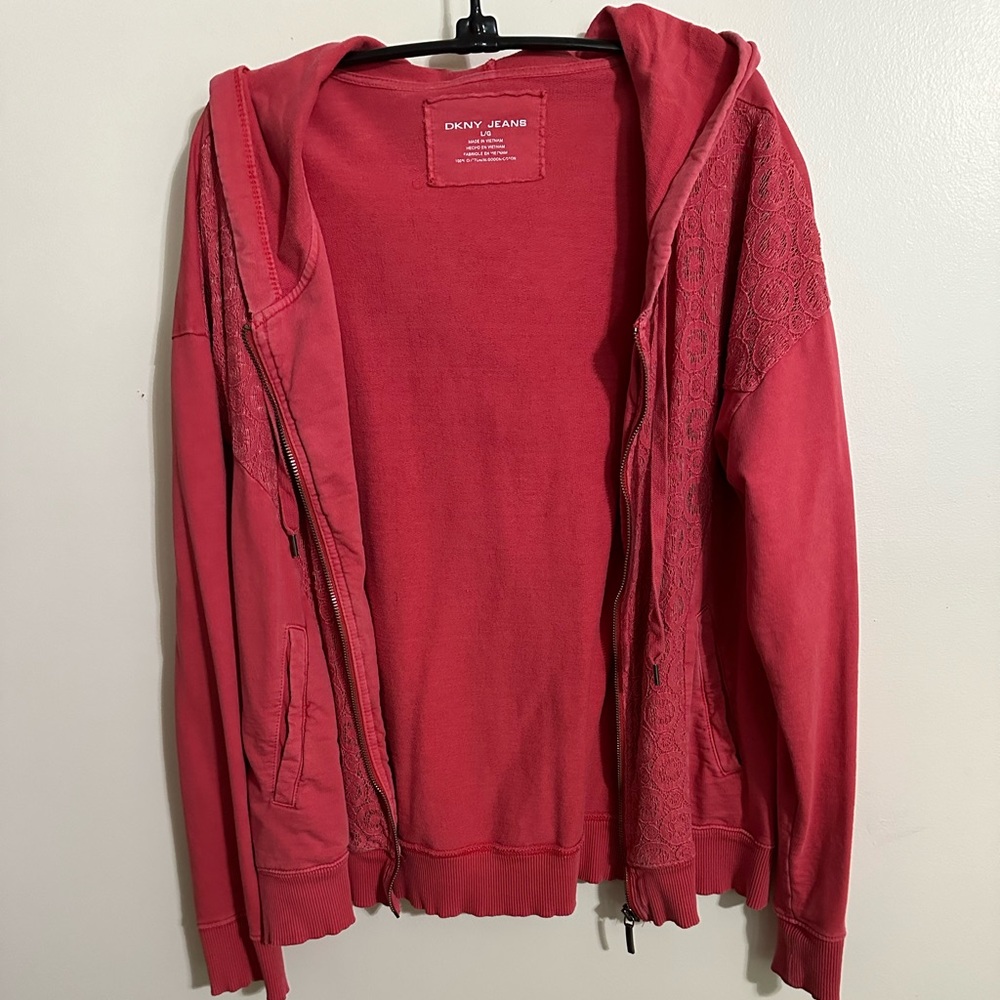 DKNY Jeans Deep Coral Front Lace Overlay Hooded Sweatshirt, Size L - Picture 2 of 10